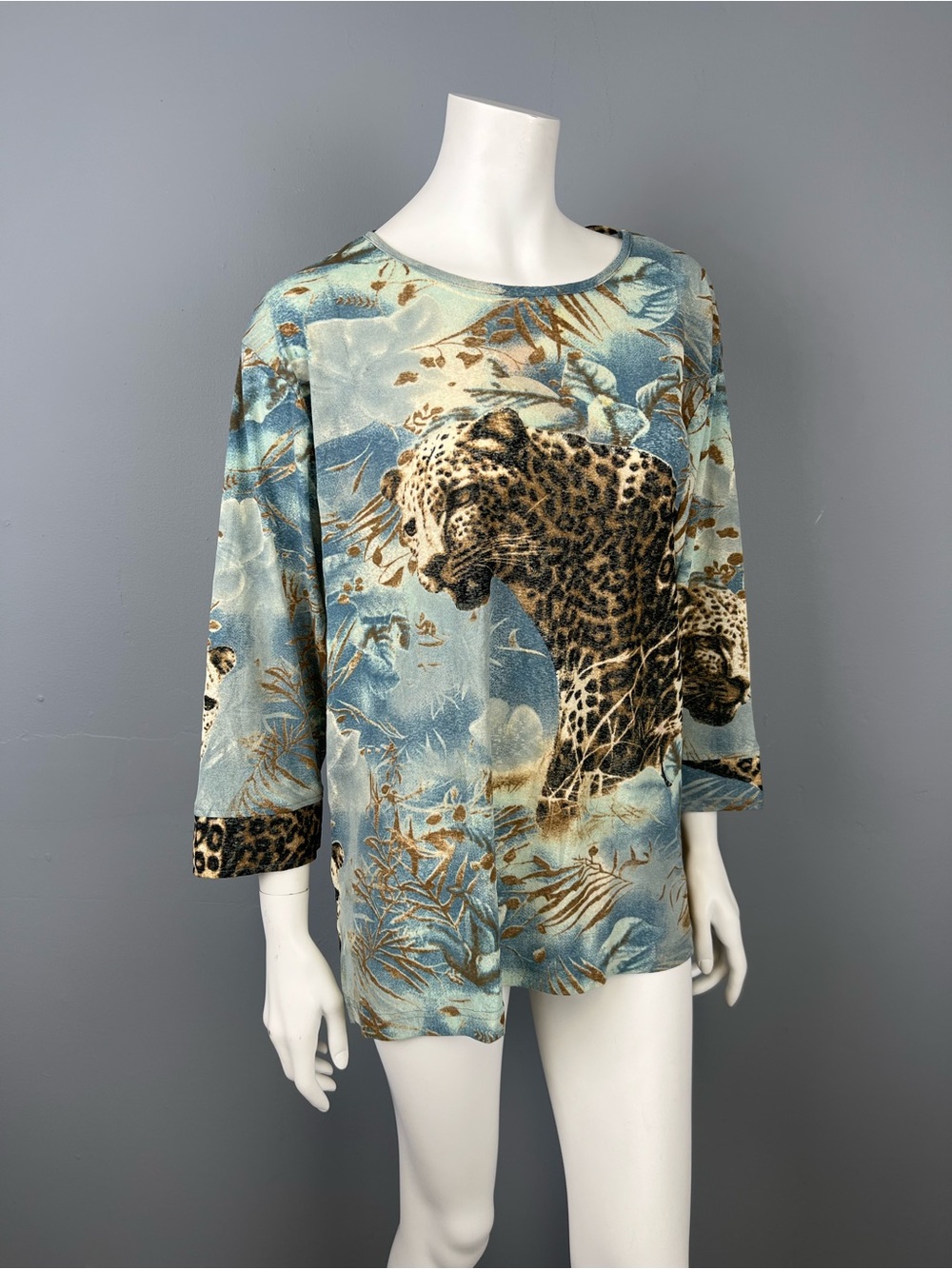 Semi Sheer Leopard Print Blue Crewneck Women's Top